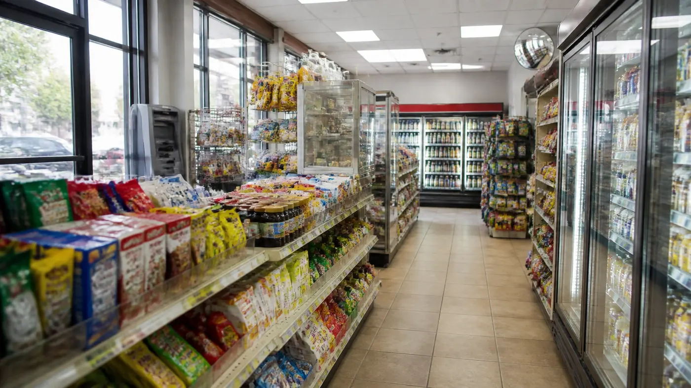 A bright neighborhood convenience store counter with drinks and everyday essentials